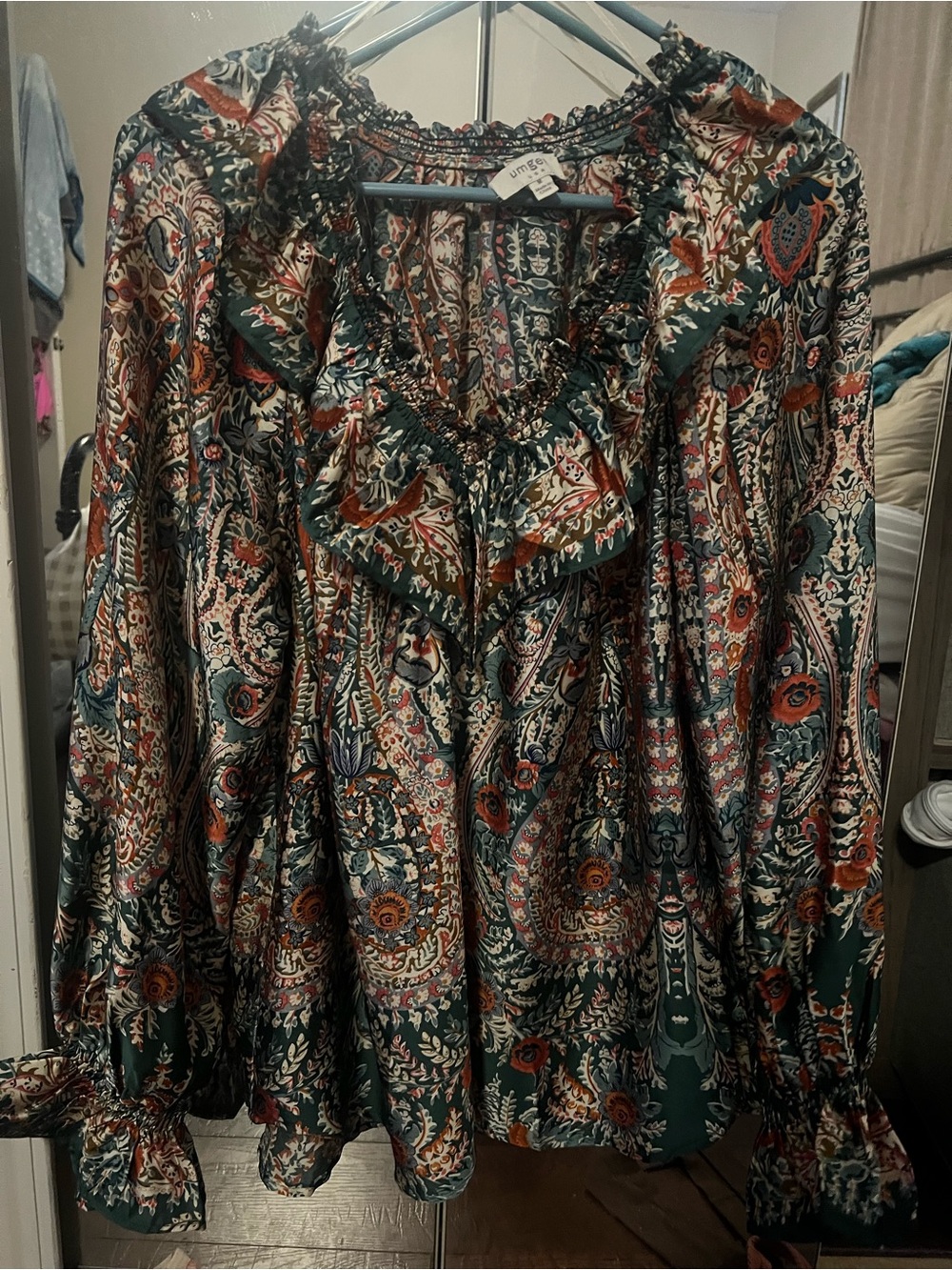 Umgee Green Paisley Ruffle Neck Blouse with Rust and Cream Accents